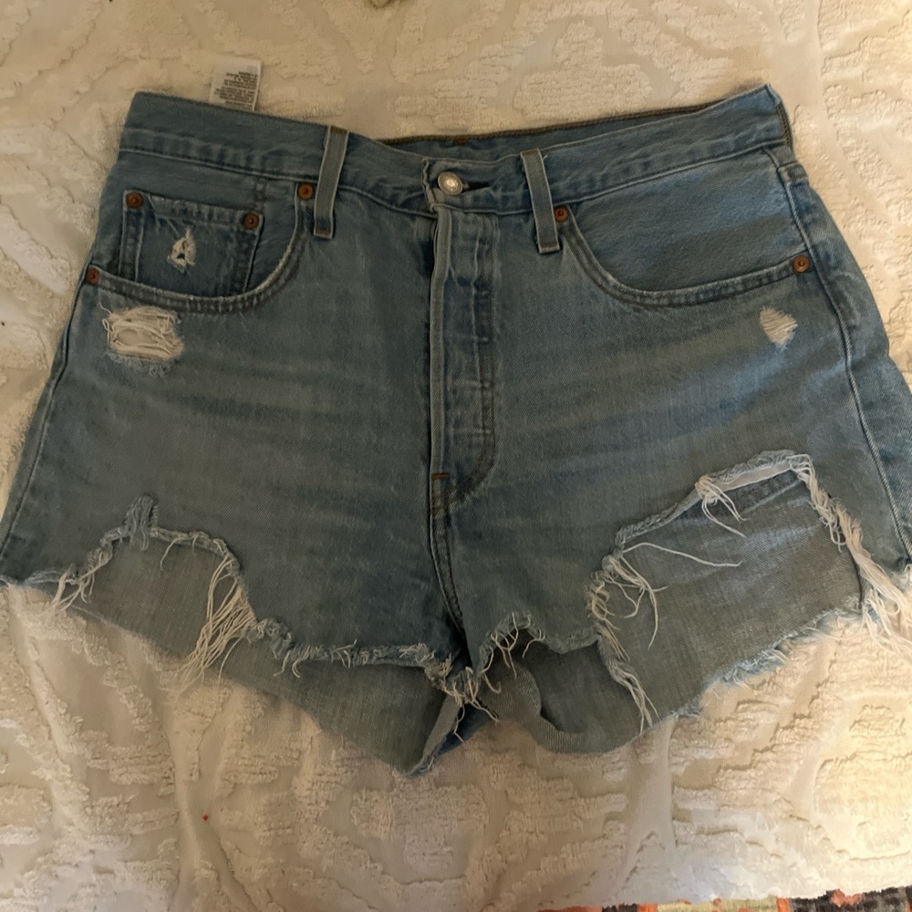 Levi's Blue Distressed Jean Shorts with Frayed Hem